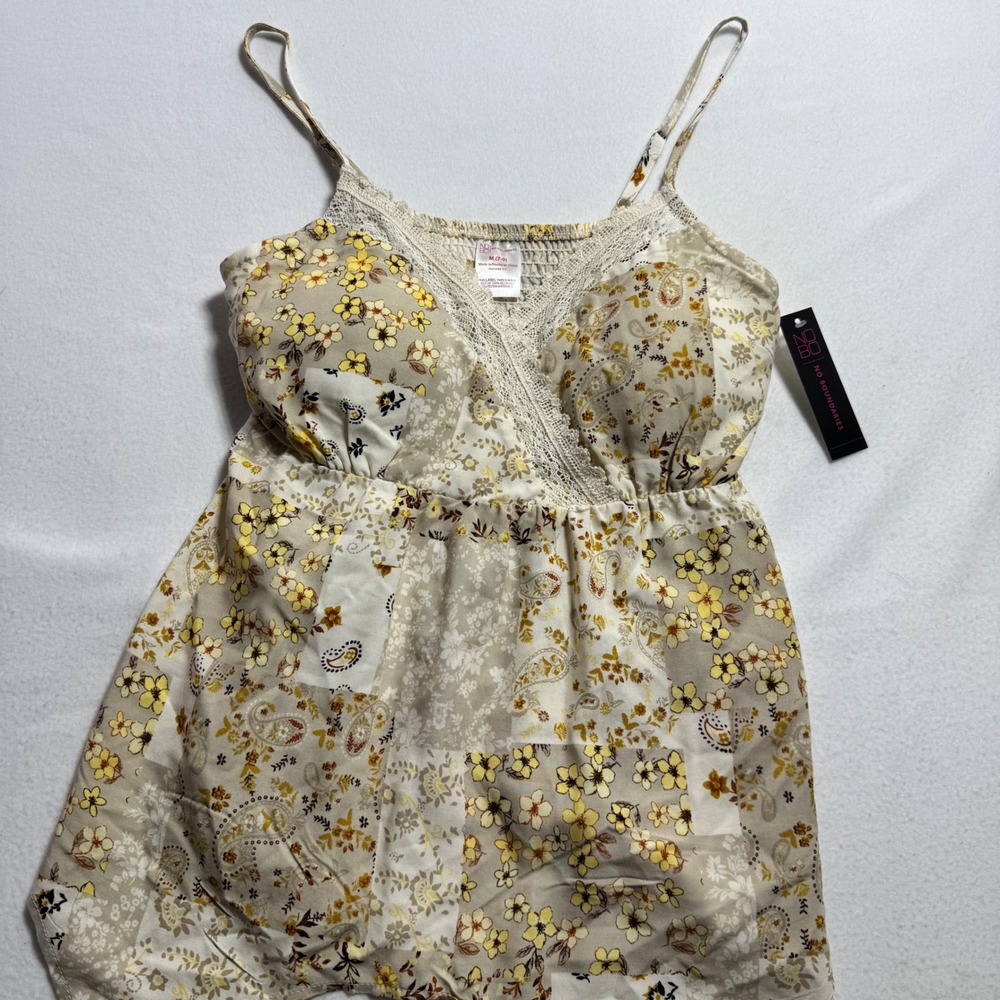 No Boundaries Cami Top Size M 7-9 Yellow Floral Patchwork Lace Handkerchief Hem